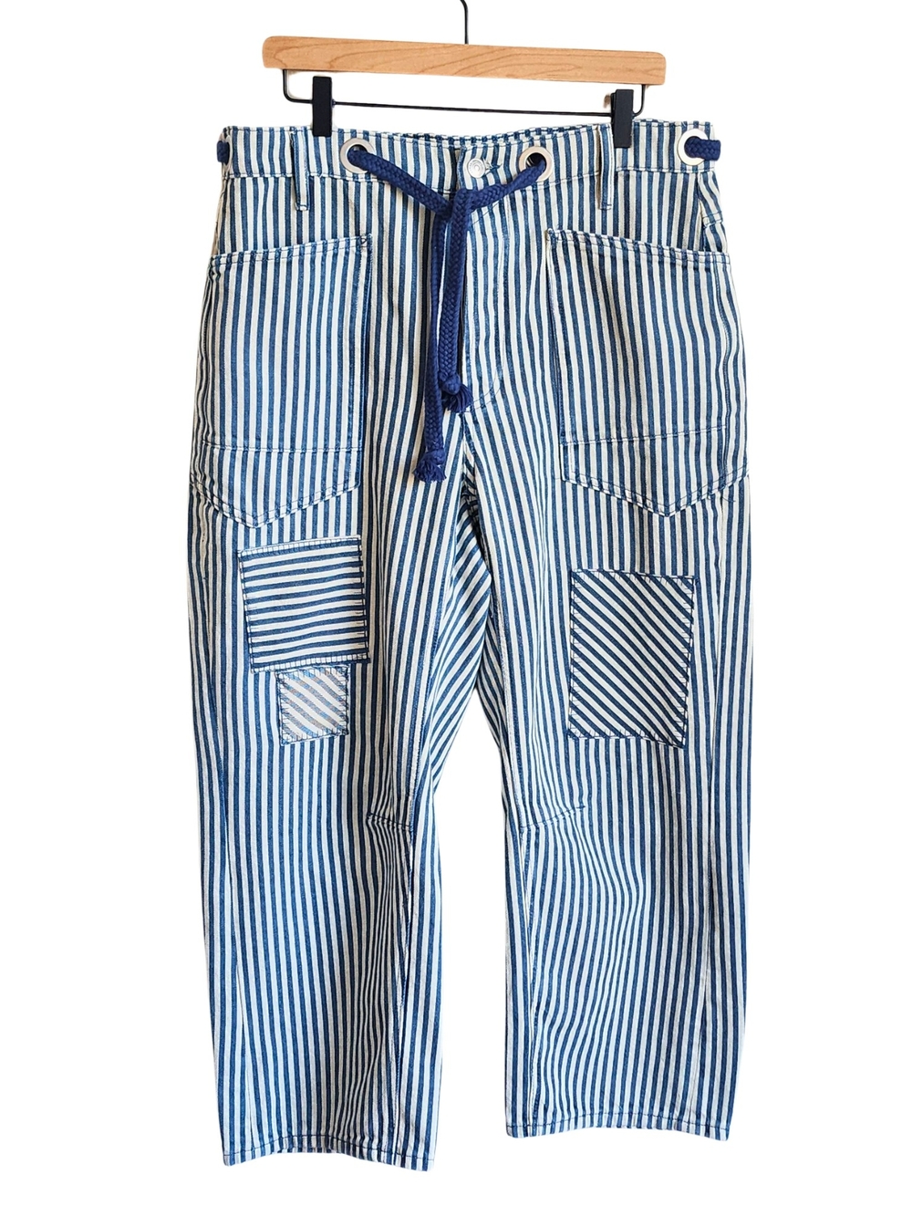 Free People Moxie Railroad Low-Slung Jeans Blue Stripe Patchwork Utility Size 30 - Picture 6 of 16